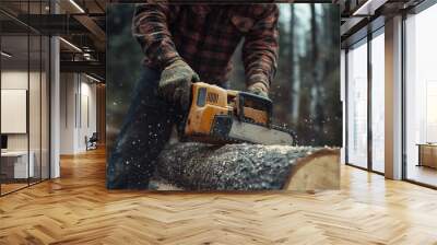 Anonymous lumberjack chops trees Wall mural