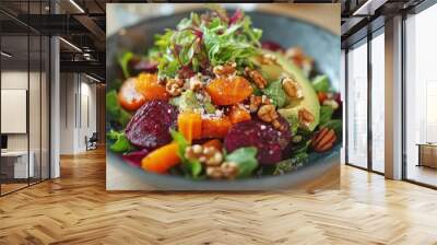 Caramelized carrots salad with avocado, beets, and nuts. Wall mural