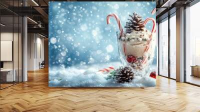 Christmas on snow: fir twig, pinecone, and candy canes Wall mural