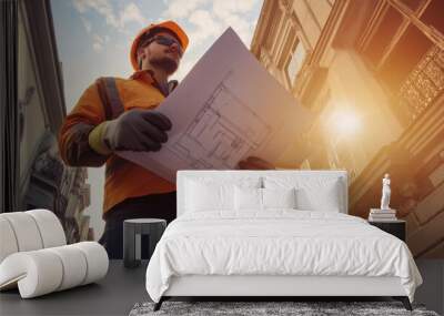 Construction plans - man with blueprint points the way Wall mural