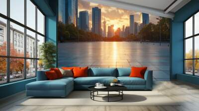 Empty asphalt square and modern Shanghai skyline at sunset Wall mural