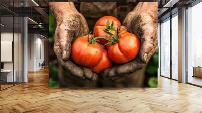 Farmer harvests tomatoes. Wall mural