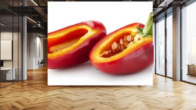 Fresh, whole hot pepper with two halves on white background Wall mural