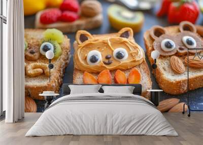 Funny animal toasts w/fruits and nuts. Wall mural