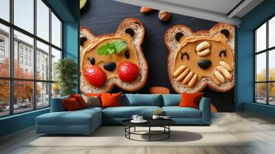 Funny animal toasts w/peanut butter. Wall mural