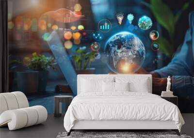 Global tech startup innovates to connect customers worldwide. Emphasizes creativity, resource management for sustainability. Clear leadership, digital marketing. Startup business concept  Wall mural