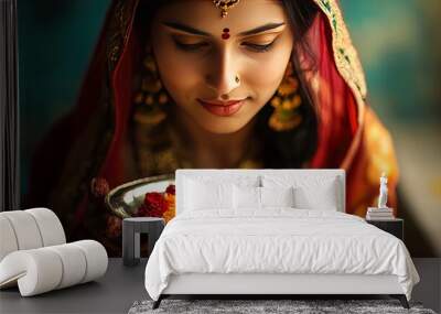 Indian woman w/ flower offering Wall mural