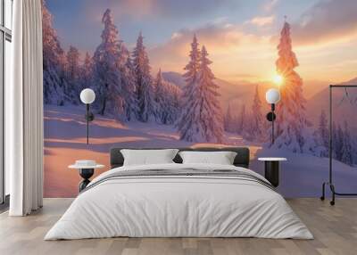 Light and shadows play on winter wonderland. Wall mural