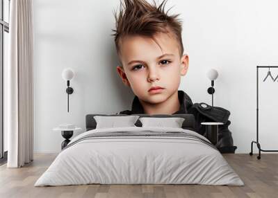 Mohawked boy poses on white. Wall mural