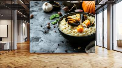 Mussels and pumpkin risotto (main course, rice and seafood). Wall mural