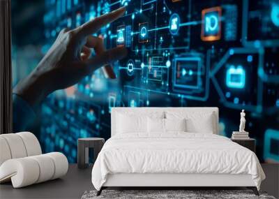 Person is touching a screen with a lot of icons. Concept of technology and the importance of understanding and using it digital internet. Cyber security network data on protection management concept.  Wall mural