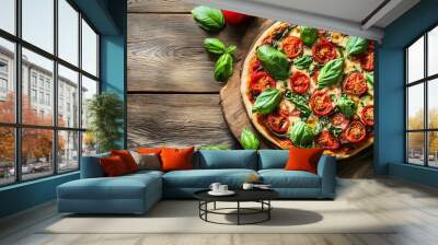 Pizza on wood. Wall mural