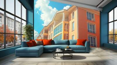 Revamped orange apartment building with cerulean backdrop Wall mural