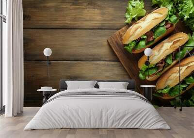 Sandwiches with veggies on wood. Wall mural