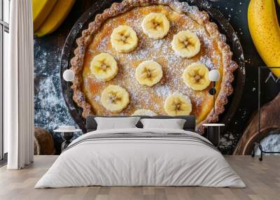 Semolina pie, bananas on table Wall mural