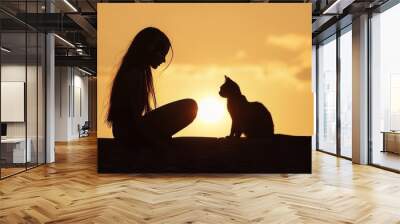 Silhouette of girl and cat on roof. Wall mural