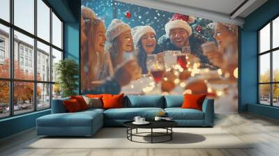 Snowy holiday cheer: Joyous friends party at home. Wall mural