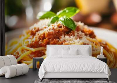 Spaghetti with meat sauce and basil Wall mural