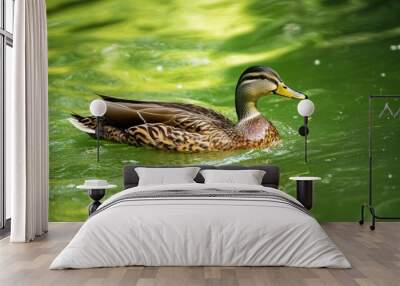 Spring duck swims in green water Wall mural