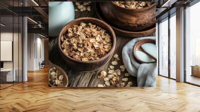 Tasty muesli or granola with milk. Wall mural