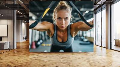 Woman uses TRX for arm strengthening. Wall mural