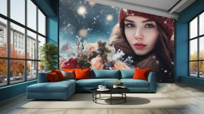 Woman with bouquet, winter outdoors. Wall mural