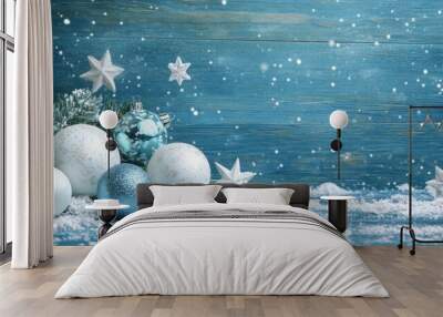 Xmas/NY backdrop: blue/white balls, stars, snowflakes, glitter. Wall mural