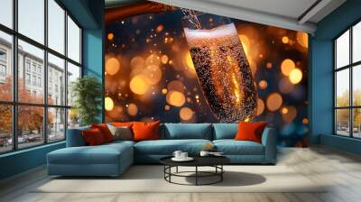 Champagne Pouring in a Glass with Festive Bokeh Lights - Photo Wall mural