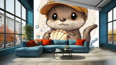 Cute Otter with Shell and Hat Wall mural