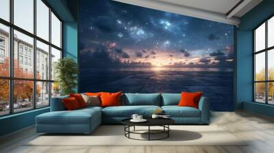 Dark Night Sky with Stars Above Calm Ocean and Stone Floor Background Wall mural