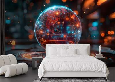 Futuristic 3D Illustration of a Glowing Globe on a Platform Wall mural