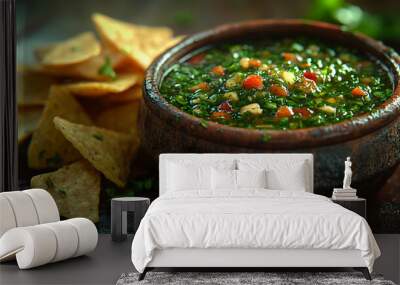 Spicy Green Salsa with Crispy Tortilla Chips Wall mural