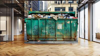 A large green open dumpster filled with assorted trash, located in an urban setting, highlighting issues related to waste management, city pollution, and environmental concerns  Wall mural