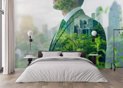 A layered image of a businessman, urban cityscape, and green foliage elements The sustainable development and green investing concept in a modern, eco-conscious business world  Wall mural