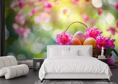 Easter Eggs in a Basket with Pink Flowers Wall mural