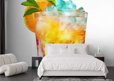 freshly made tropical paradise drink glass with ice cubes isolated on transparent background Wall mural