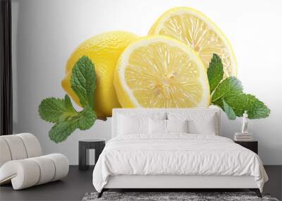 Lemon and mint isolated on transparent background Wall mural