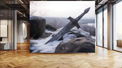 Powerful frozen sword stuck in stone at winter landscape on background generative ai Wall mural