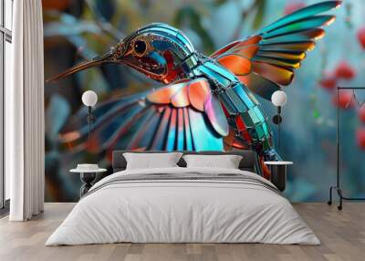 Robotic hummingbirds with jewel toned wings espionage drones for high stake mafia deals  Wall mural