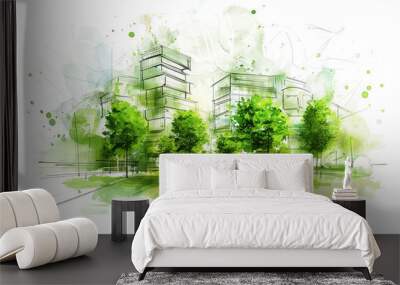 Sustainable development project sketch, green building and trees Urban planning, green space, and environmental sustainability, with energy efficiency and reduced carbon footprint  Wall mural