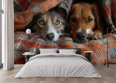 Two Dogs Snuggling Under a Blanket Wall mural