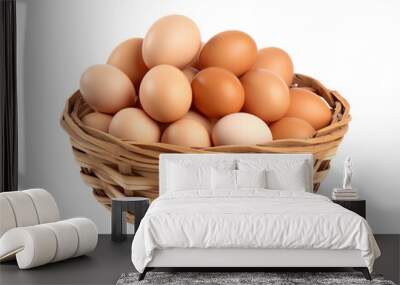 A beautifully arranged basket of fresh eggs, showcasing a variety of colors and sizes, perfect for culinary use and decoration. Wall mural