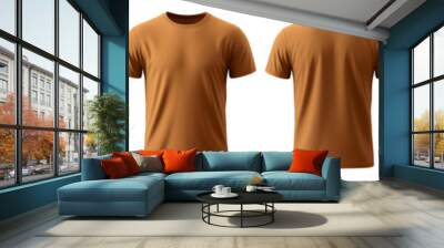 A collection of brown t-shirts displayed from multiple angles, showcasing color variations and casual style. Wall mural