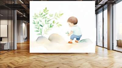 A young boy reaches for a plant growing between two rocks. Watercolor illustration of childhood curiosity and nature. Wall mural