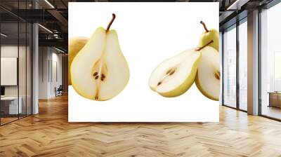 Fresh pears, whole and sliced, showcasing their juicy texture and nutritious interior. Perfect for healthy recipes and fruit displays. Wall mural