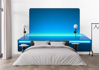 Futuristic blue neon-lit podium on a black background, ideal for showcasing products, technology, or digital concepts in a modern setting. Wall mural