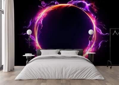 Glowing neon circle with vibrant purple and pink electric energy on a dark background, resembling a portal or neon frame. Wall mural