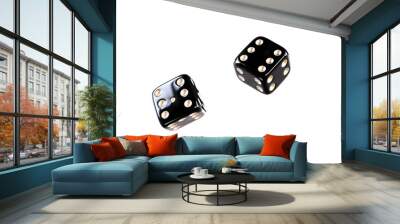 Two shiny black dice with white dots, perfect for games, decoration, or thematic projects. Ideal for gambling or chance concepts. Wall mural