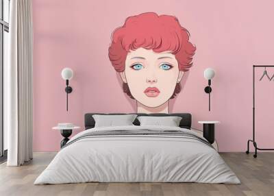 Vector illustration of a woman with short red hair and blue eyes on a pink background, perfect for beauty and fashion concepts. Wall mural