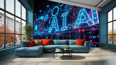 A futuristic digital background featuring a matrix of glowing binary code, abstract data streams, and circuit patterns, representing advanced technology and artificial intelligence Wall mural